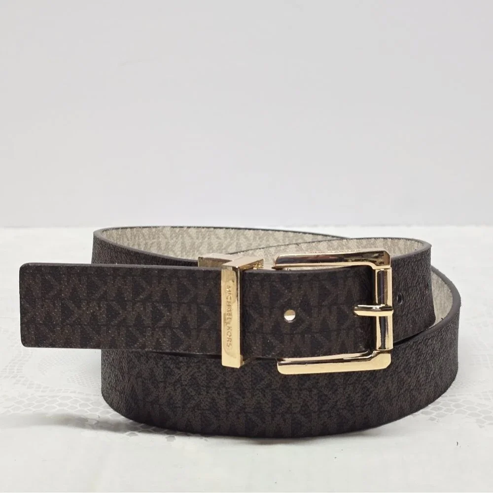 Michael Kors Women's Twist Reversible Logo Vegan Leather Belt Brown Cream L NWT